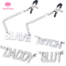 SacKnove Flirting Adult Products SLAVE BITCH DADDY Letter Clip Stimulator Breast Pussy Vagina Sex Toy Metal Chain Nipple Clamps